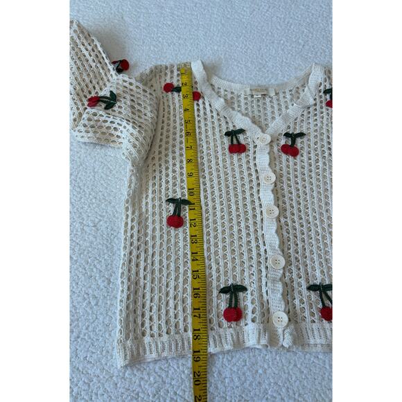 Rebellion Crocheted Cardigan Women's Open Knit Cherries Buttons Cropped Boho M - Picture 4 of 8